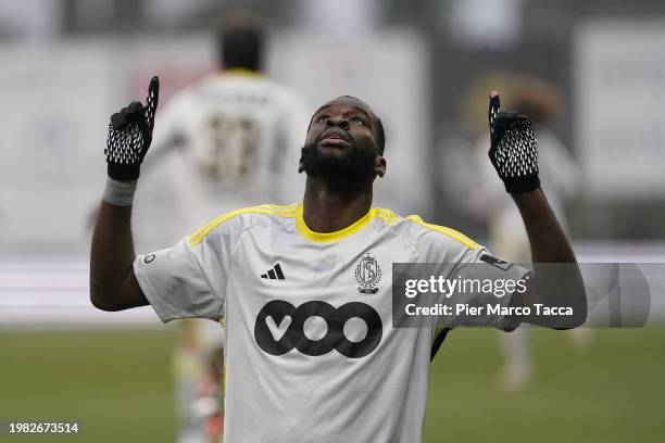 Aka Wilfried Kanga of Standard Liegi celebrates his first goal during the Jupiler Pro League match between RWDM Brussels FC and Standard de Liege at...