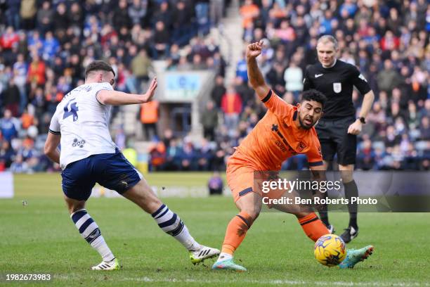 Massimo Luongo of Ipswich Town is challenged by Ben Whiteman of Preston North End during the Sky Bet Championship match between Preston North End and...