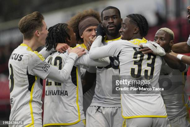 Aka Wilfried Kanga of Standard Liegi celebrates his first goal whit his teammates during the Jupiler Pro League match between RWDM Brussels FC and...