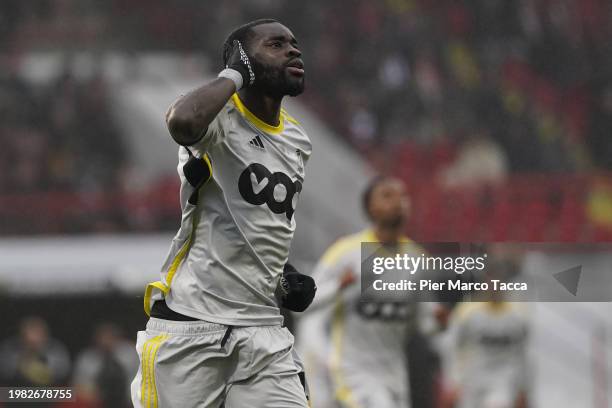 Aka Wilfried Kanga of Standard Liegi celebrates his first goal during the Jupiler Pro League match between RWDM Brussels FC and Standard de Liege at...