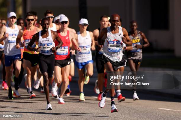 Abdi Abdirahman leads the field during the 2024 U.S. Olympic Team Trials - Marathon on February 03, 2024 in Orlando, Florida.