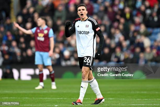 Joao Palhinha of Fulham celebrates scoring his team's first goal during the Premier League match between Burnley FC and Fulham FC at Turf Moor on...