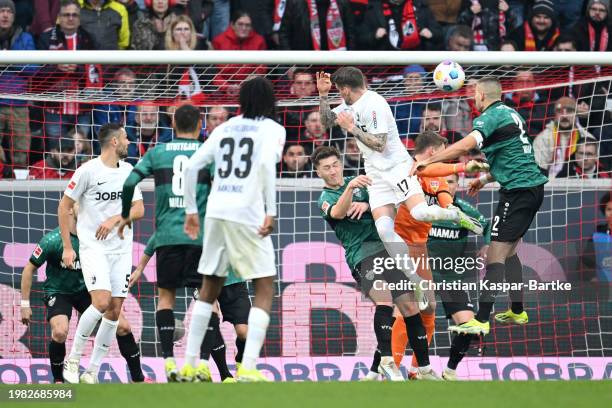 Lukas Kuebler of Sport-Club Freiburg scores his team's first goal during the Bundesliga match between Sport-Club Freiburg and VfB Stuttgart at...