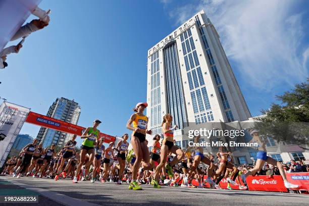 Runners race through the course during the 2024 U.S. Olympic Team Trials - Marathon on February 03, 2024 in Orlando, Florida.