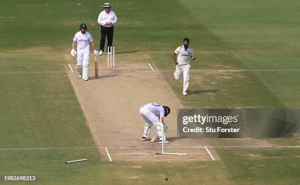 England batsman Ollie Pope is bowled by Jasprit Bumrah during day two of the 2nd Test Match between India and England at ACA-VDCA Stadium on February...