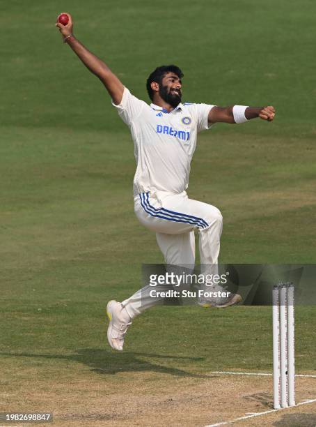 India bowler Jasprit Bumrah in bowling action during day two of the 2nd Test Match between India and England at ACA-VDCA Stadium on February 03, 2024...