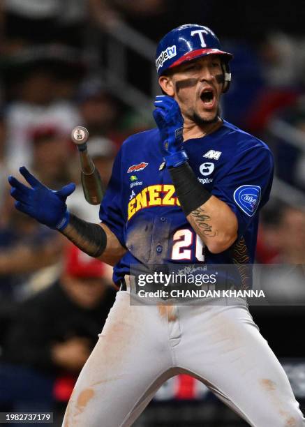 Venezuela's infielder Hernan Alejandro Perez reacts during the Caribbean Series baseball game between Venezuela and Mexico at LoanDepot Park in...
