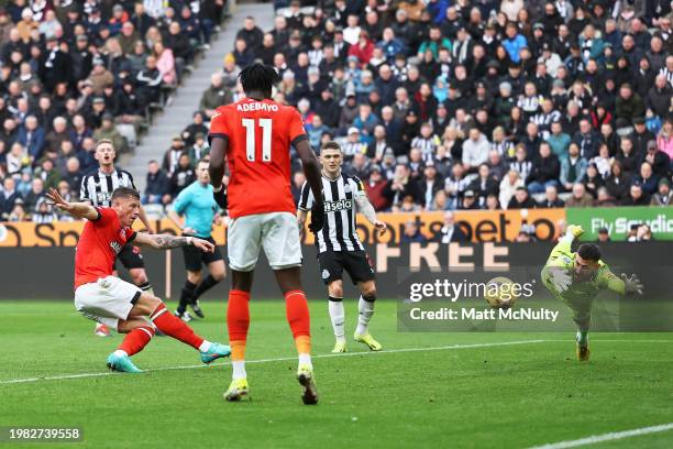 Ross Barkley of Luton Town scores his team's second goal during the Premier League match between Newcastle United and Luton Town at St. James Park on...