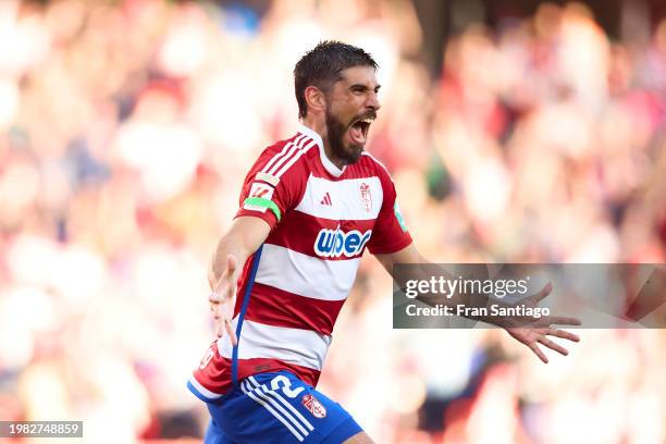 Bruno Mendez of Granada celebrates after scoring the teams first goal during the LaLiga EA Sports match between Granada CF and UD Las Palmas at...