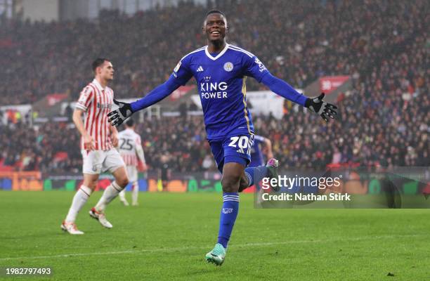 Patson Daka of Leicester City celebrates after scoring their third goal during the Sky Bet Championship match between Stoke City and Leicester City...