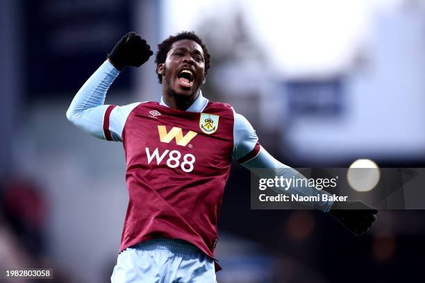 David Datro Fofana of Burnley celebrates scoring his team's first goal during the Premier League match between Burnley FC and Fulham FC at Turf Moor...