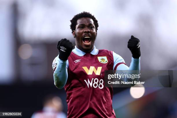 David Datro Fofana of Burnley celebrates scoring his team's first goal during the Premier League match between Burnley FC and Fulham FC at Turf Moor...