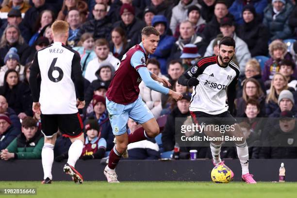 Armando Broja of Fulham controls the ball during the Premier League match between Burnley FC and Fulham FC at Turf Moor on February 03, 2024 in...