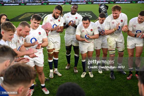 Jamie George of England leads a team talk as the players of England form a huddle at full-time following their victory in the Guinness Six Nations...