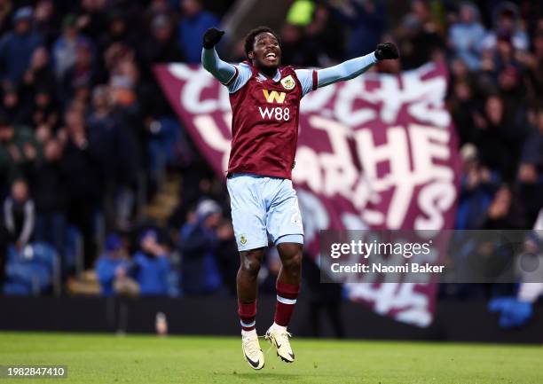 David Datro Fofana of Burnley celebrates scoring his team's second goal during the Premier League match between Burnley FC and Fulham FC at Turf Moor...