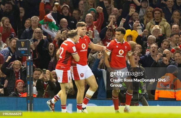 Wales' Rio Dyer celebrates after scoring a second half try during a Guinness Six Nations match between Wales and Scotland at the Principality...