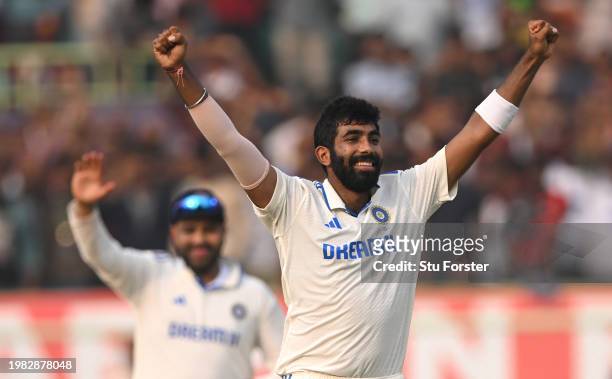 India bowler Jasprit Bumrah celebrates after taking the wicket of Tom Hartley, his 5th of the innings during day two of the 2nd Test Match between...
