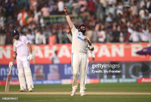 India bowler Jasprit Bumrah celebrates after taking the wicket of Tom Hartley, his 5th of the innings during day two of the 2nd Test Match between...