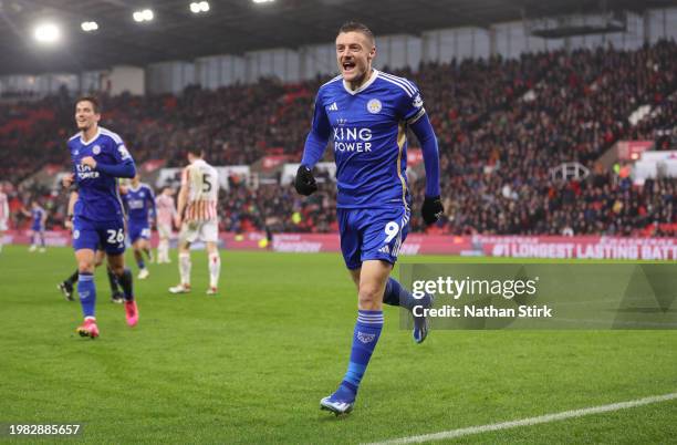 Jamie Vardy of Leicester City celebrates after scores their fourth goal during the Sky Bet Championship match between Stoke City and Leicester City...