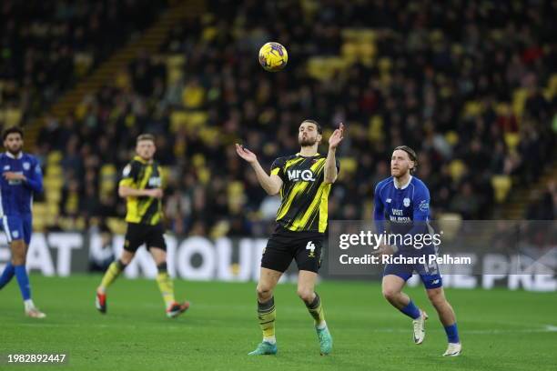 Wesley Hoedt of Watford and Josh Bowler of Cardiff City3 during the Sky Bet Championship match between Watford and Cardiff City at Vicarage Road on...