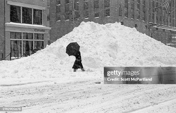 Pedestrian uses an umbrella to shield themselves from wind and snow as they walk past a snow mound on 6th Avenue during the President's Day blizzard,...