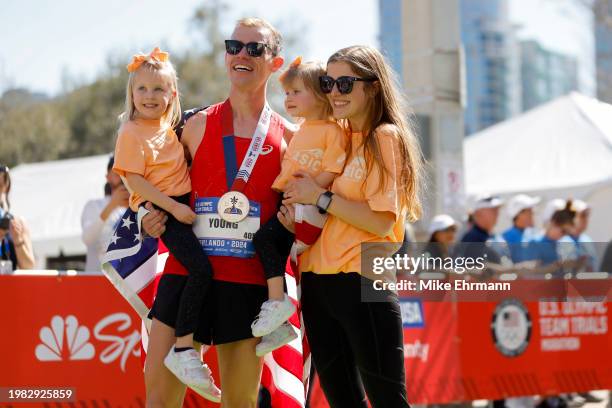 Clayton Young celebrates with his family after finishing second during the 2024 U.S. Olympic Team Trials - Marathon on February 03, 2024 in Orlando,...