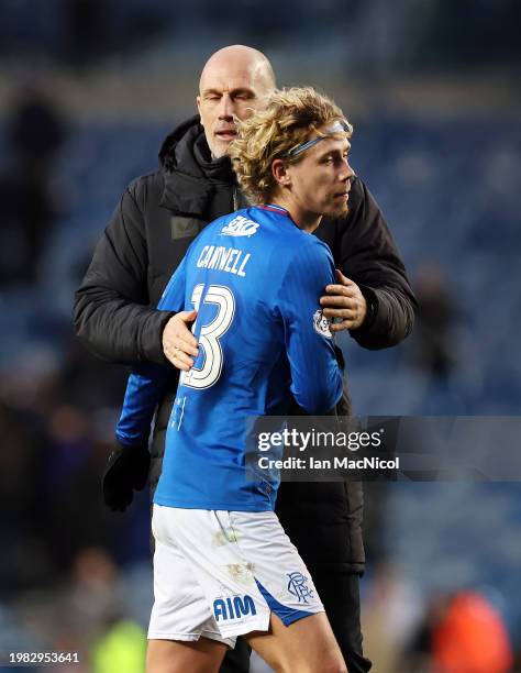 Philippe Clement and Todd Cantwell of Rangers are seen during the Cinch Scottish Premiership match between Rangers FC and Livingston FC at Ibrox...