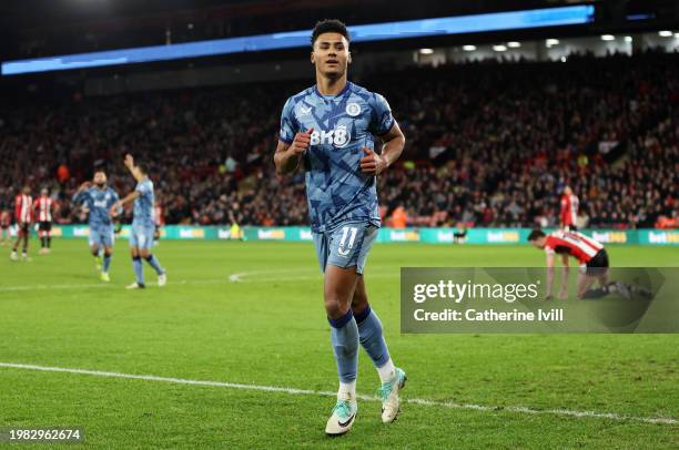 Ollie Watkins of Aston Villa celebrates scoring his team's second goal during the Premier League match between Sheffield United and Aston Villa at...