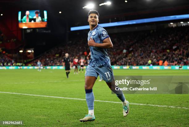 Ollie Watkins of Aston Villa celebrates scoring his team's second goal during the Premier League match between Sheffield United and Aston Villa at...