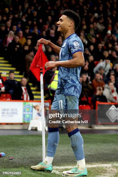 Ollie Watkins of Aston Villa celebrates scoring his team's second goal during the Premier League match between Sheffield United and Aston Villa at...