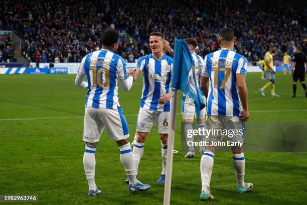 Josh Koroma of Huddersfield Town celebrates scoring with Jonathan Hogg during the Sky Bet Championship match between Huddersfield Town and Sheffield...