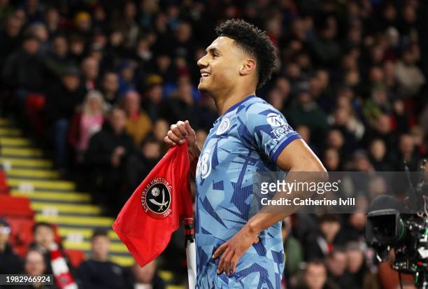 Ollie Watkins of Aston Villa celebrates scoring his team's second goal during the Premier League match between Sheffield United and Aston Villa at...