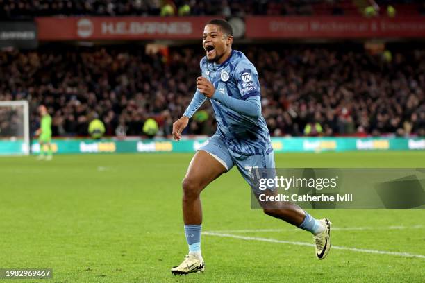 Leon Bailey of Aston Villa celebrates scoring his team's third goal during the Premier League match between Sheffield United and Aston Villa at...