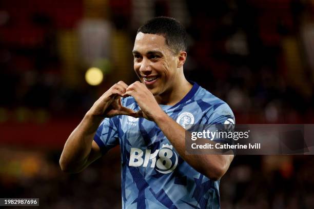 Youri Tielemans of Aston Villa celebrates scoring his team's fourth goal during the Premier League match between Sheffield United and Aston Villa at...