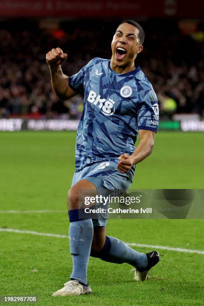 Youri Tielemans of Aston Villa celebrates scoring his team's fourth goal during the Premier League match between Sheffield United and Aston Villa at...