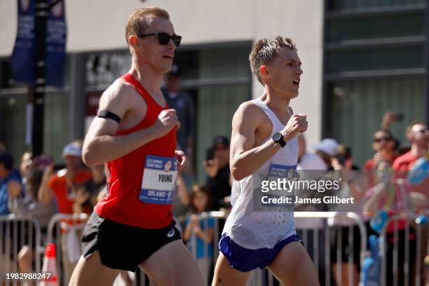 Clayton Young and Conner Mantz run through the course during the 2024 U.S. Olympic Team Trials - Marathon on February 03, 2024 in Orlando, Florida.