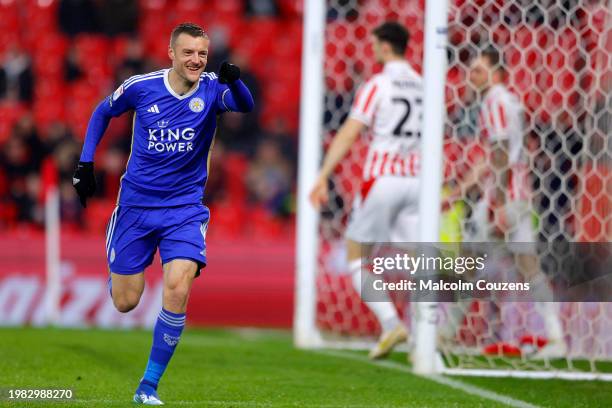 Jamie Vardy of Leicester City celebrates scoring a goal during the Sky Bet Championship match between Stoke City and Leicester City at Bet365 Stadium...