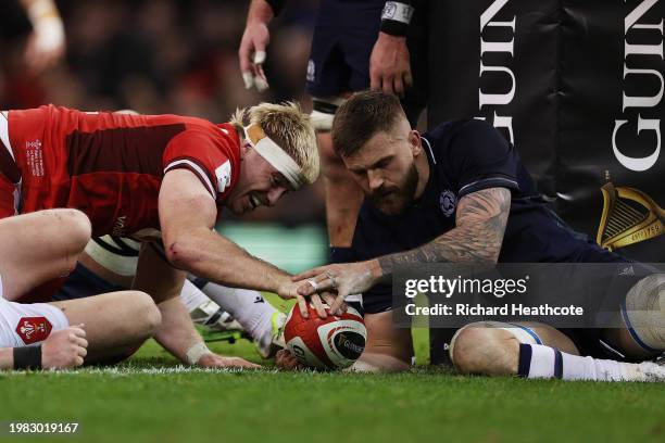 Aaron Wainwright of Wales scores his team's third try during the Guinness Six Nations 2024 match between Wales and Scotland at Principality Stadium...