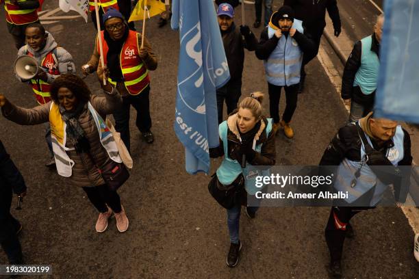People take part in a rally of municipal police officers seeking better salaries and pensions on February 3, 2024 in Paris, France.