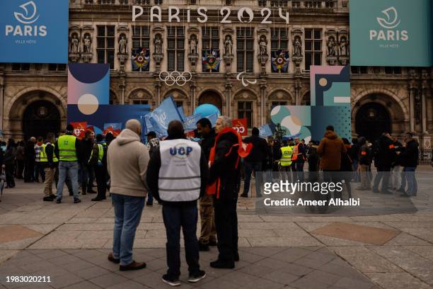 People take part in a rally of municipal police officers seeking better salaries and pensions on February 3, 2024 in Paris, France.