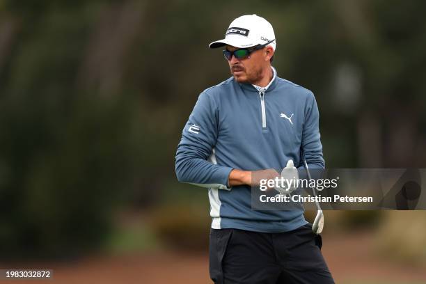 Rickie Fowler of the United States looks on during the AT&T Pebble Beach Pro-Am at Pebble Beach Golf Links on February 03, 2024 in Pebble Beach,...