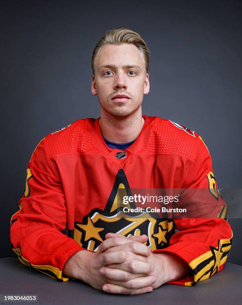 Jesper Bratt of the New Jersey Devils of Team Hughes poses for his portrait prior to the 2024 Honda NHL All-Star Game on February 03, 2024 in...