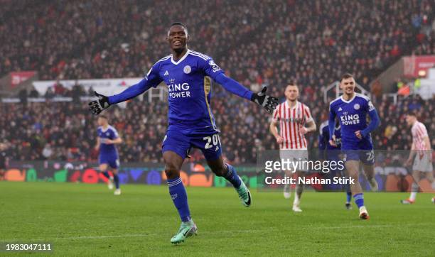 Leicester City's Patson Daka celebrates after scoring his sides third goal from the penalty spot during the Sky Bet Championship match between Stoke...