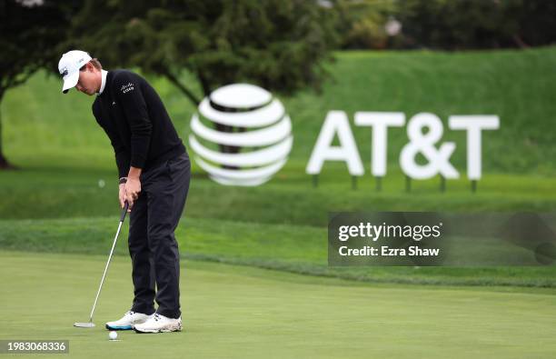 Maverick McNealy of the United States putts on the 16th green during the AT&T Pebble Beach Pro-Am at Pebble Beach Golf Links on February 03, 2024 in...