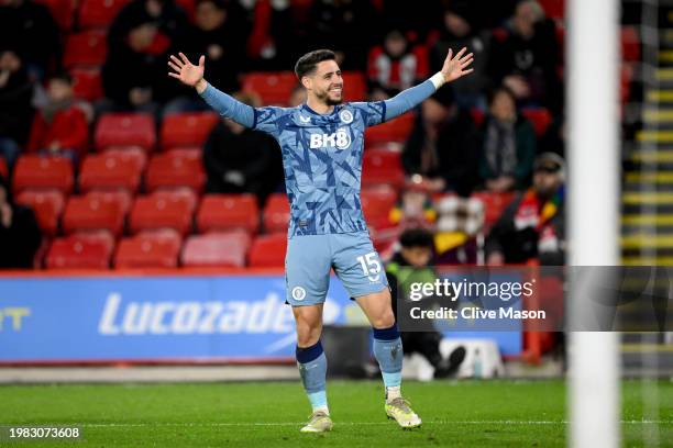 Alex Moreno of Aston Villa celebrates scoring his team's fifth goal during the Premier League match between Sheffield United and Aston Villa at...