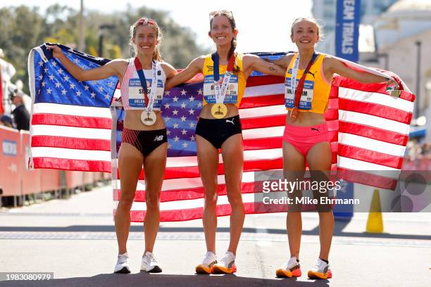 Emily Sisson, Fiona O'Keeffe, and Dakotah Lindwurm celebrate after placing second, first, and third during the 2024 U.S. Olympic Team Trials -...