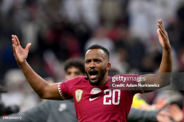 Ahmed Fathy of Qatar celebrates following the team's victory in the AFC Asian Cup quarter final match between Qatar and Uzbekistan at Al Bayt Stadium...