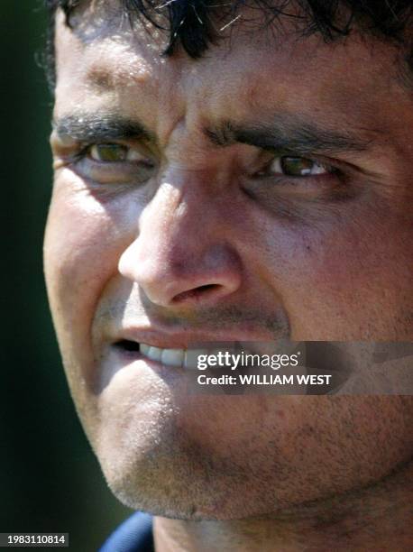 Indian captain Sourav Ganguly bites his bottom lip as he watches his team during their training session at Supersport Park in Centurion 13 March...