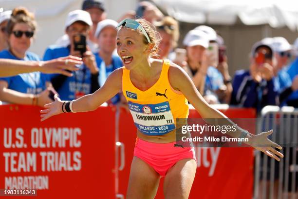Dakotah Lindwurm celebrates after placing third during the 2024 U.S. Olympic Team Trials - Marathon on February 03, 2024 in Orlando, Florida.