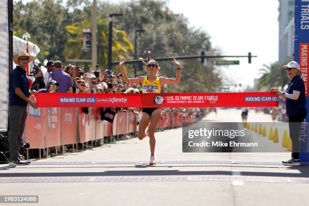 Fiona O'Keeffe crosses the finish line to place first during the 2024 U.S. Olympic Team Trials - Marathon on February 03, 2024 in Orlando, Florida.